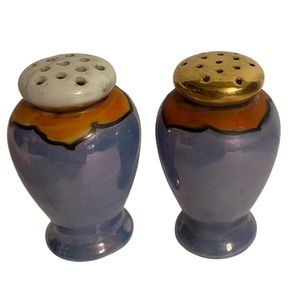 Vtg  Lusterware Salt & Pepper Shakers Hand Painted  Blue/ Orange Japan